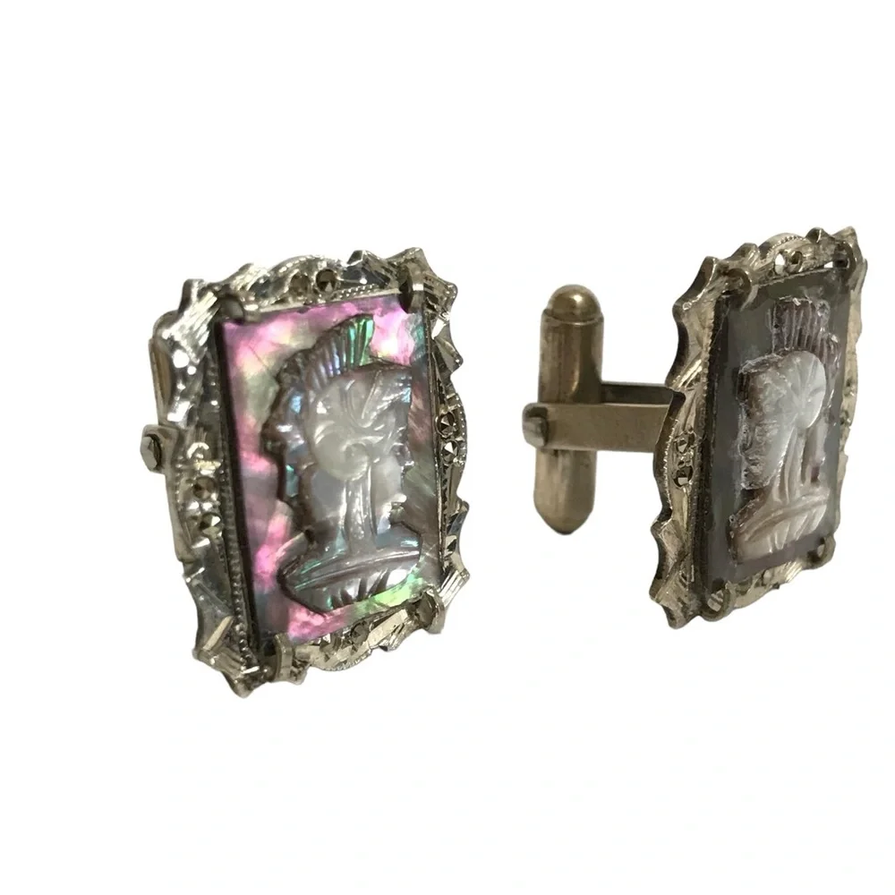 Silver 800 Abalone MOP Marcasite Hand Carved Roman Soldier Cuff Link Set